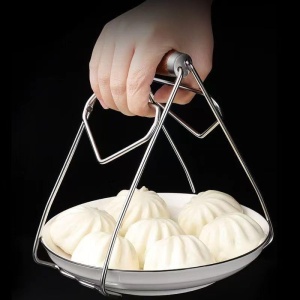 Clema pentru Boluri, Flippy, Anti-Alunecare, din Otel Inoxidabil, Extindere, pentru Oale, Tigai, de Uz Casnic, Rezistent la Temperaturi Inalte, 19.5x9.8x8 cm, Maner Maro, Gri - Img 4