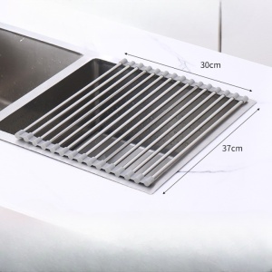 Covoras de Scurgere pentru Chiuveta Bucatarie, din Otel Inoxidabil, Suport Chiuveta, Pliabil, Antiderapant, Usor de Curatat si de Depozitat, 37x30cm, 15 Tuburi, Gri - Img 6