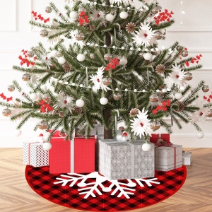 Covoras pentru Bradul de Craciun, Flippy, din Tesatura Pufoasa, cu Fundite de Prindere, Model Fulg de Nea, Carouri Rosu/Negru, Diametru 90 cm - Img 3