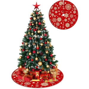 Covoras pentru Bradul de Craciun, Flippy, din Tesatura Pufoasa, cu Fundite de Prindere, Model Stelute, Rosu, Diametru 90 cm - Img 6