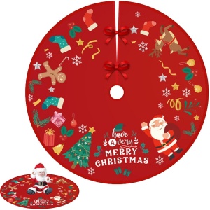 Covoras pentru Bradul de Craciun, Flippy, din Tesatura Pufoasa, cu Fundite de Prindere, Model Mos Craciun, Rosu, Diametru 90 cm - Img 3