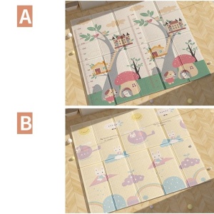 Covoras pentru Copii, Flippy, cu 2 Fete, Model Casute in Copaci/Iepurasi, din XPE+PE, Impermeabil, Antiderapant, Protectie Termica, +3 Luni, Pliabil, 150 x 200 x 1.5 cm, Multicolor - Img 2