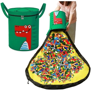 Cutie de Depozitare 2In1, Flippy, Impermeabila, Covor pentru Jucarii si Lego 150cm, Capacitate Mare, cu Manere, cu Sfori, Inaltime 40cm, Model Crocodil, Verde - Img 4