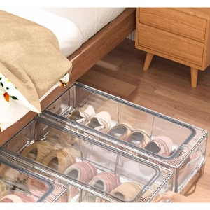 Cutie de Depozitare pentru Pantofi, Flippy, 40x30x21 cm, din Plasa PVC Impermeabila si Cadru de Otel, Pliabila, Fermoar Bidirectional, Transparenta - Img 3