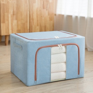 Cutie de Depozitare Pliabila, Flippy, 100 L, din Bumbac si In, 60x42x40 cm, 2 Ferestre, Frontala si Laterala, 2 Usi de Acces cu Fermoar Bidirectional, Cadru Metalic, Suport Baza Stabil din Plastic, Bleu - Img 2