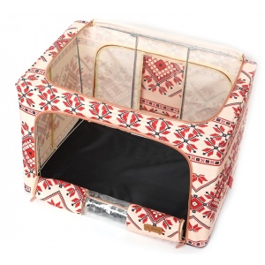 Cutie de Depozitare Pliabila, Flippy,100 L din Bumbac si In, 60X42X40 cm, Fereastra Frontala, 2 Usi de Acces cu Fermoar Bidirectional, Cadru Metalic, Suport Baza Stabil din Plastic, Motiv Traditional Model 2 - Img 6