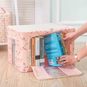 Cutie de Depozitare Pliabila, Flippy, 24 L, Panza Oxford, 40x30x20 cm, Fereastra Frontala, 2 Usi de Acces cu Fermoar Bidirectional, Cadru Metalic, Suport Baza Stabil din Plastic, Imprimeu Cirese, Roz - Img 3