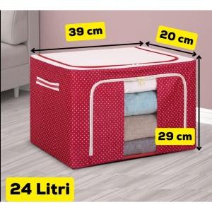 Cutie de Depozitare Pliabila, Flippy, 24 L, Panza Oxford, 40x30x20 cm, Fereastra Frontala, 2 Usi de Acces cu Fermoar Bidirectional, Cadru Metalic, Suport Baza Stabil din Plastic, Imprimeu Buline, Rosu - Img 1