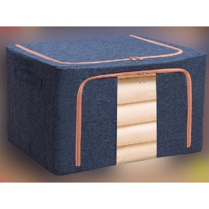 Cutie de Depozitare Pliabila, Flippy, 66 L, din Bumbac si In, 50x40x33 cm, Fereastra Frontala, 2 Usi de Acces cu Fermoar Bidirectional, Cadru Metalic, Suport Baza Stabil din Plastic, Albastru Marin - Img 2