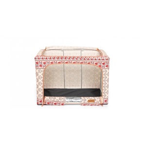 Cutie de Depozitare Pliabila, Flippy, 66 L din Bumbac si In, 52 x 42 x 39 cm, Fereastra Frontala, 2 Usi de Acces cu Fermoar Bidirectional, Cadru Metalic, Suport Baza Stabil din Plastic, Motiv Traditional Model 6 - Img 6