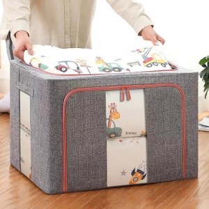 Cutie de depozitare pliabila, Flippy, Cu fermoar, 100 L, Textil, 60x42x40 cm, Cadru Metalic, Suport Baza Stabil din Plastic, Gri, Cu doua ferestre - Img 3