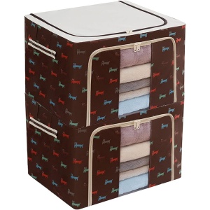 Cutie de Depozitare Pliabila, Flippy, cu Fermoar, 100 L, Textil, 60x42x40 cm, O Fereastra, Cadru Metalic, Suport Baza Stabil din Plastic, Imprimeu Catelusi, Maro - Img 3