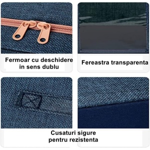 Cutie de Depozitare Pliabila, Flippy, Cu Fermoar, 100 L, Textil, 60x42x40 cm, Cadru Metalic, Suport Baza Stabil din Plastic, Albastru Marin cu Doua Ferestre - Img 2