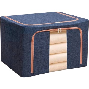 Cutie de depozitare pliabila, Flippy, Cu fermoar, 100 L, Textil, 60x42x40 cm, Cadru Metalic, Suport Baza Stabil din Plastic, Albastru Marin - Img 1