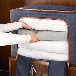 Cutie de depozitare pliabila, Flippy, Cu fermoar, 66 L, Textil, 50x40x33 cm, Albastru Marin, Cadru Metalic, Suport Baza Stabil din Plastic, Cu doua ferestre - Img 5