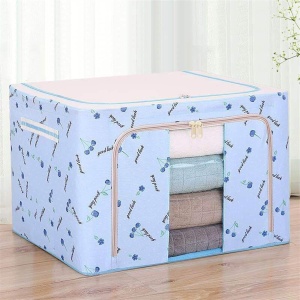 Cutie de Depozitare Pliabila, Flippy, Cu Fermoar, 66 L, Textil, 50x40x33 cm, cu 2 Ferestre, Cadru Metalic, Suport Baza Stabil din Plastic, Imprimeu Cirese, Albastru - Img 2