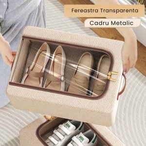 Cutie Depozitare cu Cadru Metalic, Flippy, pentru Incaltaminte, Haine, Lingerie, Fermoar Calitativ, Fereastra Transparenta, Manere Laterale, 40 x 30 x 15 cm Bej - Img 4