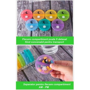 Cutie Depozitare Medicamente, Flippy, 7 Zile, 14 Compartimente, Cutie Suport, Recipiente Detasabile, Portabila, Recipiente Colorate, Suport Negru, 17.5x11x9.5 cm - Img 5