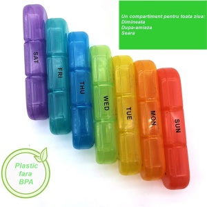 Cutie Depozitare Medicamente, Flippy, 7 Zile, 21 Compartimente, Cutie Suport, Recipiente Detasabile, Portabila, Recipiente Colorate, Cutie Neagra, 15.6x12 cm - Img 3