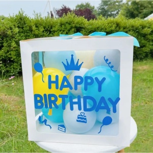 Cutie pentru Baloane, Flippy, Tematica Aniversare, Model Scris Happy Birthday, Baloane Albastre, Albe, Galbene si Panglica Incluse, Contur Alb, Transparenta, 30x30 cm - Img 2