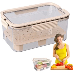 Cutie pentru Depozitare Alimente, Flippy, de Uz Casnic, 2 Compartimente, Zona pentru Gheata, Mentinere Fresh, cu Maner, Material PET, 23x15x10.8 cm, Bej - Img 4