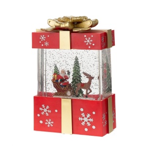 Decoratiune Craciun, Tip Cutie de Cadou, Figurine Mos Craciun cu Sania, 3 Moduri, Functie Muzicala, Zapada in Miscare, Functioneaza Cu Baterii ( 3 x AA neincluse), Cablu USB (Inclus), Model Cadou Rosu - Auriu, 13 x 9 x 19.8 cm, Alb Cald - Img 3