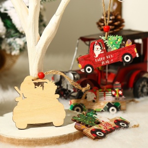 Decoratiune de Craciun din Lemn, Flippy, cu Snur pentru Agatare in Brad, Model Masina lui Mos Craciun, Scris Merry Christmas, 8x8x0.4 cm, Multicolor - Img 6