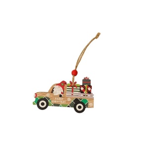 Decoratiune de Craciun din Lemn, Flippy, cu Snur pentru Agatare in Brad, Model Masina lui Mos Craciun, Scris Merry Christmas, 8x8x0.4 cm, Multicolor - Img 1