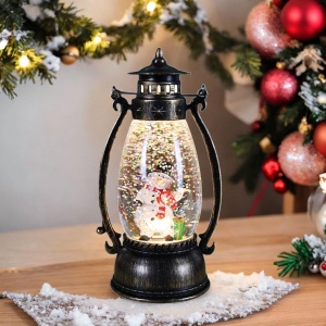 Decoratiune Luminoasa, Flippy, Felinar de Craciun, cu Lumina LED, Ornament Model Lampa cu Ulei Om de Zapada, cu Maner, 14x7x6 cm, Negru - Img 3