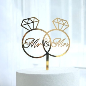 Decoratiune Topper pentru Tort, Flippy, Model Inele Mr&Mrs, Tematica Nunta, 10 cm, Auriu - Img 2