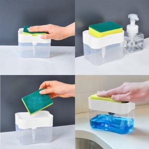 Dozator Flippy, Dispenser 2 in 1 pentru Detergent Lichid de Vase sau pentru Obiecte Sanitare cu Suport pentru Burete de Bucatarie ,14 x 10.5 x 10 cm, capacitate 380 ml, alb - Img 2