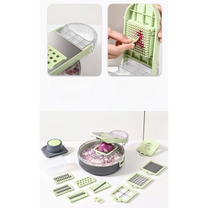 Feliator Multifunctional, Flippy, Razatoare, 8 in 1, pentru Fructe si Legume, 12 Piese, Lame de Inox, Recipient Stocare, Separator Oua, Protectie Mana, ABS, Gri/Verde, 29.5x9x21.8 cm - Img 2