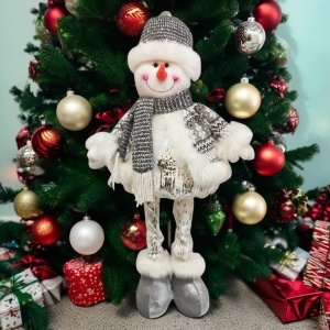 Figurina Decorativa, Pentru Craciun, Flippy, Om de Zapada, Picioare Telescopice, Inaltime Reglabila 33- 70 cm, Pantaloni Luciosi, Alb/Argintiu - Img 1