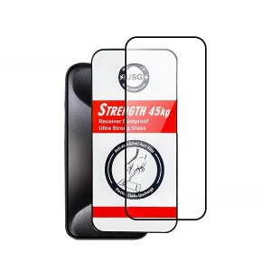 Folie de Protectie, Flippy, pentru iPhone 15 Pro Max, Tempered Glass USG, Ultra Rezistent 45kg, Full Cover, Antistatica, Margini Negre, Transparent
