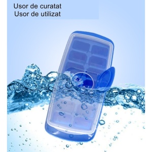Forma pentru cuburi de gheata Flippy, 14 cuburi, reutilizabil, plastic alimentar, cu capac, orificiu umplere, dreptunghiulara, 29.5 x 12.5 x4 cm, albastru - Img 6