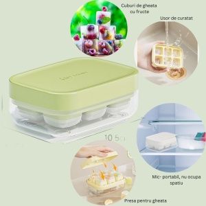 Forma pentru gheata cu presa Flippy, din silicon alimentar, 6 cuburi, caserola pentru depozitare, usor de folosit si curatat, 10.5 x 7.5 x 4.1 cm, verde - Img 3