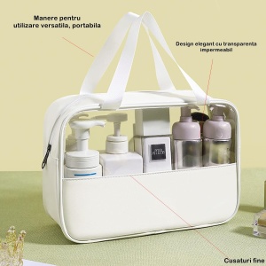 Geanta cosmetice Flippy, pentru voiaj sau organizare, material PVC/textil, impermeabila, portabila, 26 x 15 x 10 cm, alb - Img 6