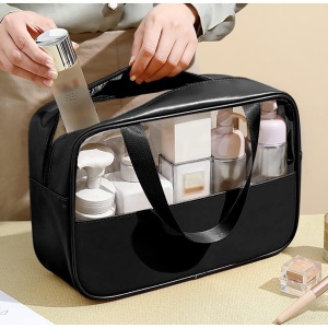 Geanta cosmetice Flippy, pentru voiaj sau organizare, material PVC/textil, impermeabila, portabila, 30X21X12 cm, negru - Img 4