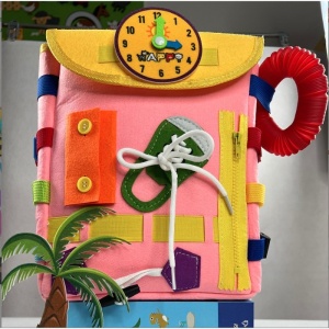 Ghiozdan Montessori, Flippy, pentru Copii 2-6 ani, Fidget Pop, cu Catarame si Fermoare, Jucarii Senzoriale, Activitate de Invatare prin Joc, Roz, 0.25 kg, 28x10x23 cm - Img 5