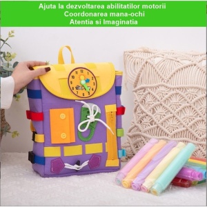 Ghiozdan Montessori, Flippy, pentru Copii 2-6 ani, Fidget Pop, cu Catarame si Fermoare, Jucarii Senzoriale, Activitate de Invatare prin Joc, Mov, 0.25 kg, 28x10x23 cm - Img 3
