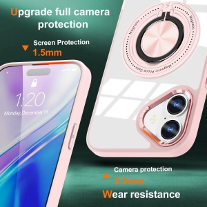 Husa de Protectie TPU, Flippy, pentru iPhone 16 Plus, Anticadere, cu Incarcare Wireless, Tehnologie Magsafe, Inel Magnetic Rotativ cu Functie de Suport, Transparent-Roz - Img 2