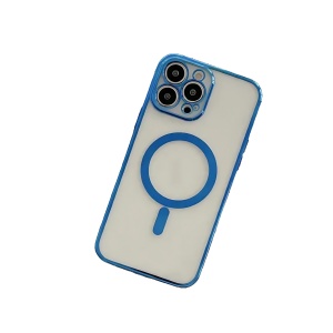 Husa MagSafe pentru Apple iPhone 13 Pro, Protectie camera, Full TPU, Margini colorate Electroplating, Magnetica, Incarcare Wireless, Flippy, Albastru - Img 3