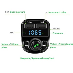 Incarcator Auto cu MP3 Player, Flippy, Bluetooth 5.0, 5V, 2 x USB, Type C, Negru - Img 13
