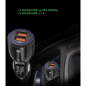 Incarcator Auto, Flippy, Pentru Bricheta, Incarcare Rapida, Interfata USB, 12V-24V, Negru - Img 4