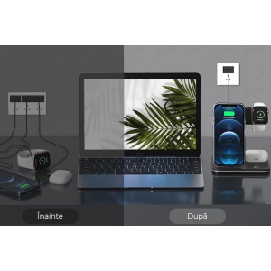 Incarcator Wireless Flippy, Statie Incarcare 3 In 1 Qi Fast Charger 15W, Incarcare Rapida, Compatibil Cu Apple Watch Toate Seriile Airpods Toate Modele si Iphone Android Samsung Huawei Xiaomi, Quick Charge, Negru - Img 2