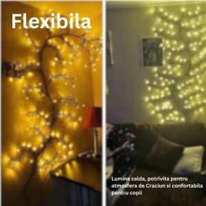 Instalatie Craciun tip Creanga Flippy, 144 LED-uri, Conectare USB, 8 Jocuri de Lumini, Telecomanda, 2.5 m, Prelungitor 2 m, 3V, Fir Negru, Alb Cald - Img 10