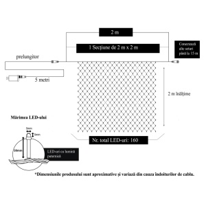 Instalatie Craciun, Tip Plasa, 2 m x 2 m, 160 LED-uri, Albastru, 8 jocuri de lumini, Transformator cu telecomanda, Interconectabila, Prelungitor 5 m inclus, Fir transparent, Flippy - Img 6