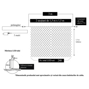 Instalatie Craciun, Tip Plasa, 3 m x 1.5 m, 240 LED-uri, Alb cald, 8 jocuri de lumini, Transformator, Interconectabila, Prelungitor 5 m inclus, Fir transparent, Flippy - Img 6