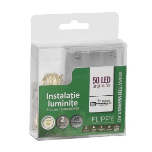Instalatie de Craciun, Liniara, 5 m, Baterii, 50 LED-uri, Alb Cald, Fir Cupru, 2 Jocuri de Lumini, Interior/Exterior, Flippy - Img 14