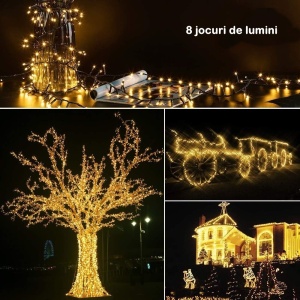 Instalatie de Craciun liniara Yoto, 10 m, din care 1 m cablu priza 220V, 100 LED, 8 jocuri de lumini, beculet in 6 colturi, pentru interior, controler, fir negru, alb cald - Img 2
